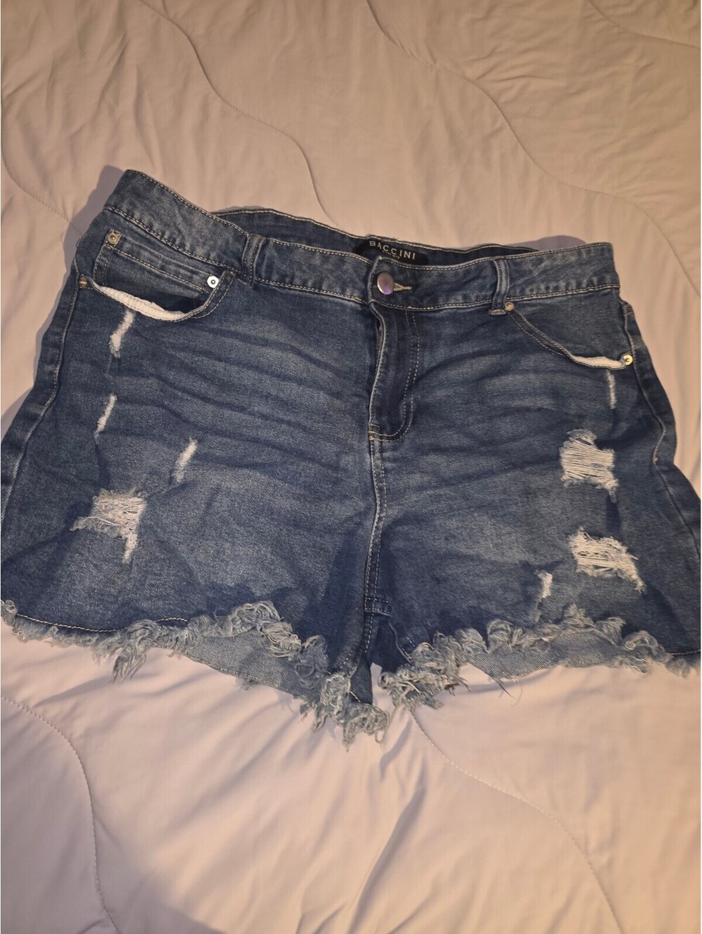 Baccini Women’s Distressed Denim Shorts Size 12 Frayed Hem Ripped Jean Cutoffs